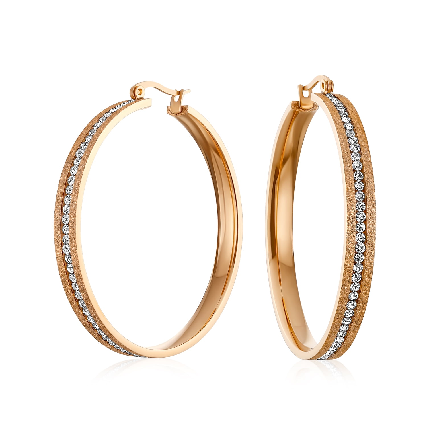 Round Channel Set CZ Large Hoop Earrings Stardust Matte Finish Channel Set CZ Rose Gold Plated