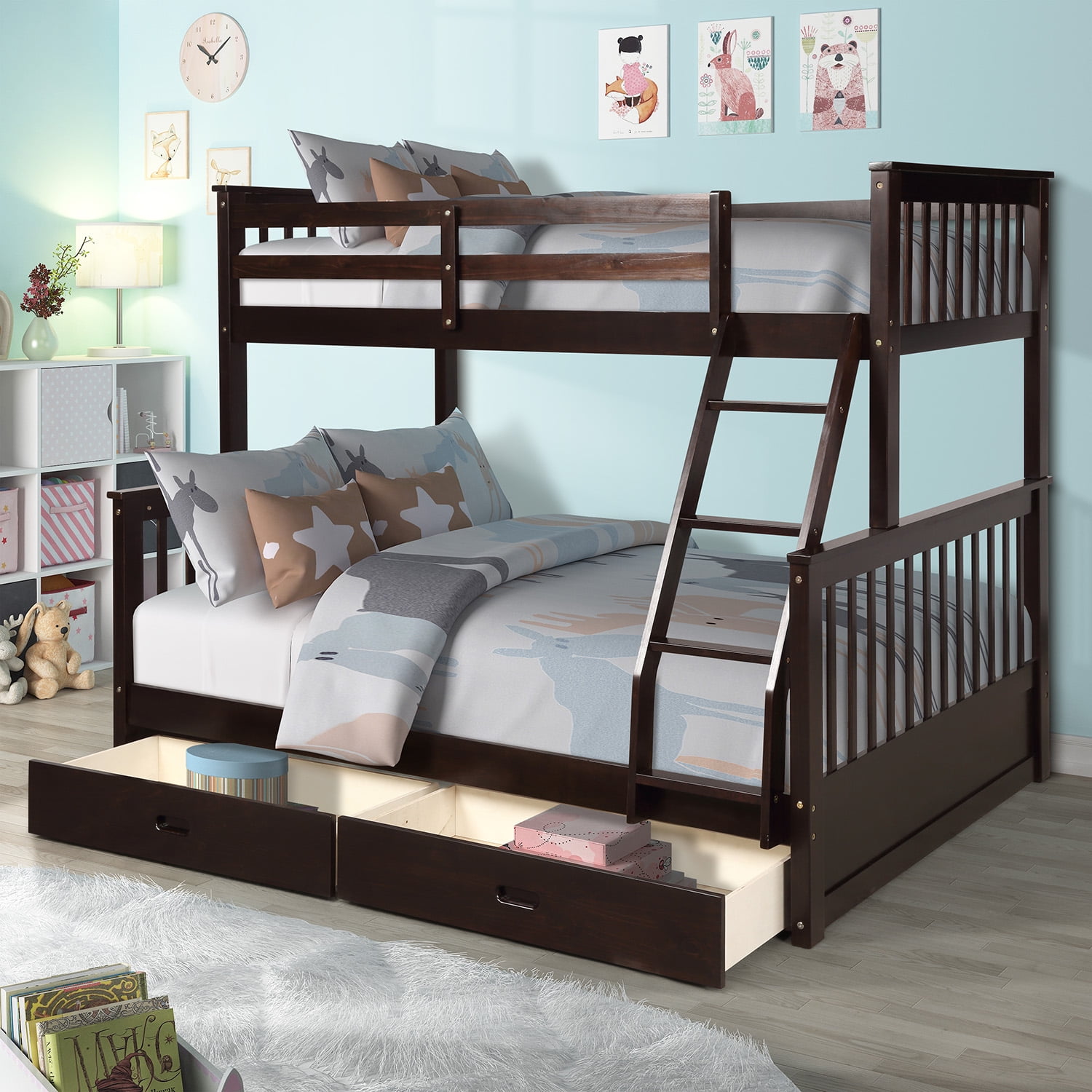 AOOLIVE TwinOverFull Bunk Bed with Ladders and Two Storage Drawers (Espresso)