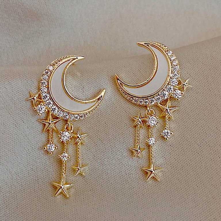 Crescent Moon and Star Dangle Stud Earrings