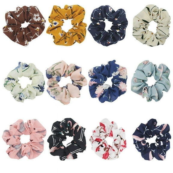 12Pcs Headbands Boho Flower Printing Twisted Criss Accessories Silk Satin Solid Polka Dot Elastic Hair Band Hair Scrunchies for Women