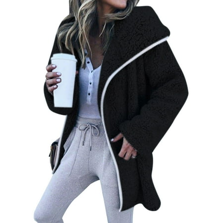 - DBoard Womens Fuzzy Jackets Solid Color Lapel Collar Casual Fuzzy Coats