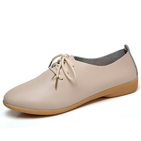 Kitem Vintage Women Faux Leather Shoes Round Closed Toe Lace-up Anti Skid Loafers