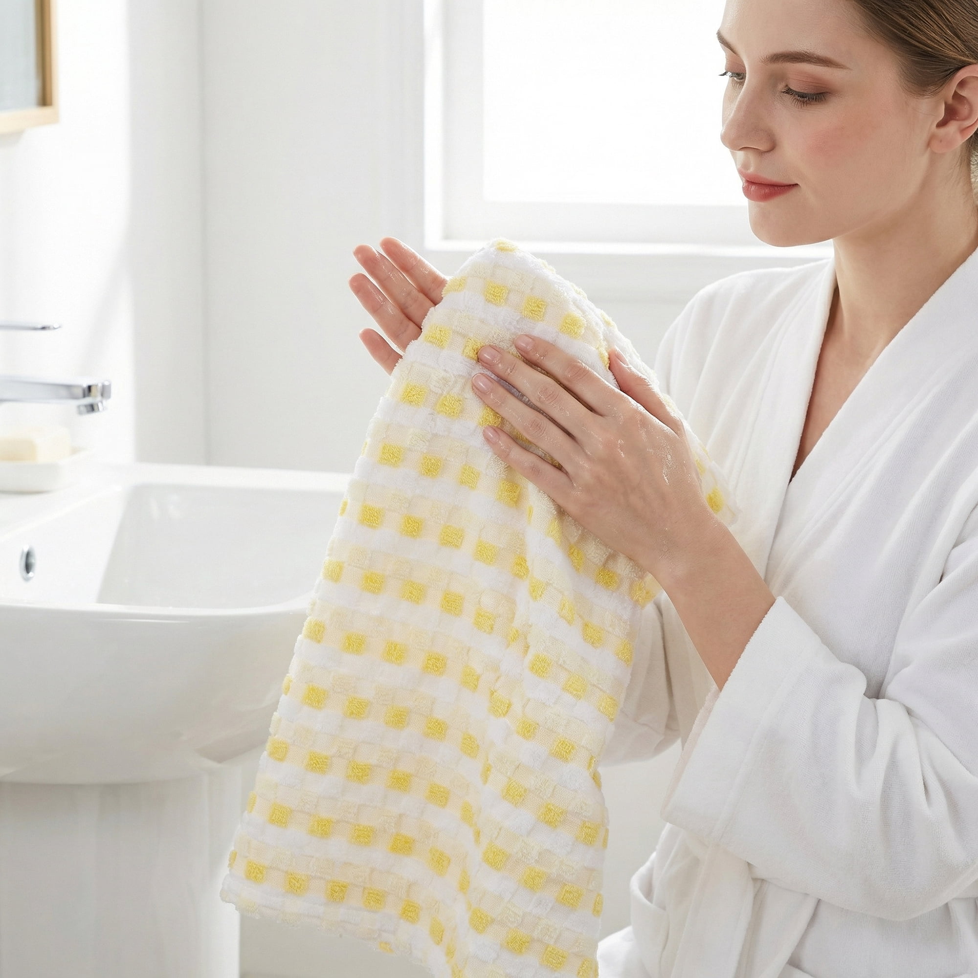 Unique Bargains Checkered Cotton Soft Absorbent Hand Towel Yellow 2pcs 29" x 13"