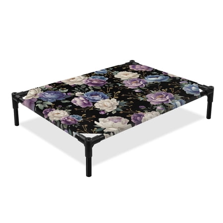Spring Florals Elevated Dog Bed Blue Purple White Rose Floral Plant Black Cooling Breathable Outdoor Raised Dog Cot Bed with Metal Frame Non-Slip Feet for Large Dog 28x22in