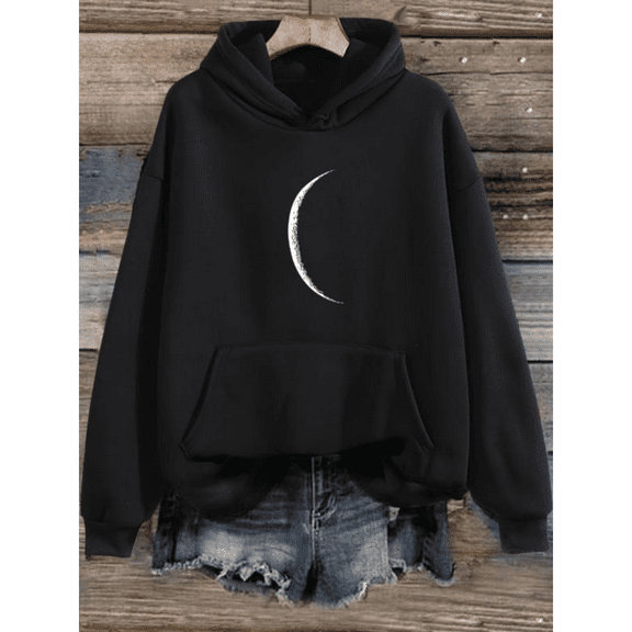 Women Black Hoodie Moon Graphic Pullover Sweatshirt S-4XL