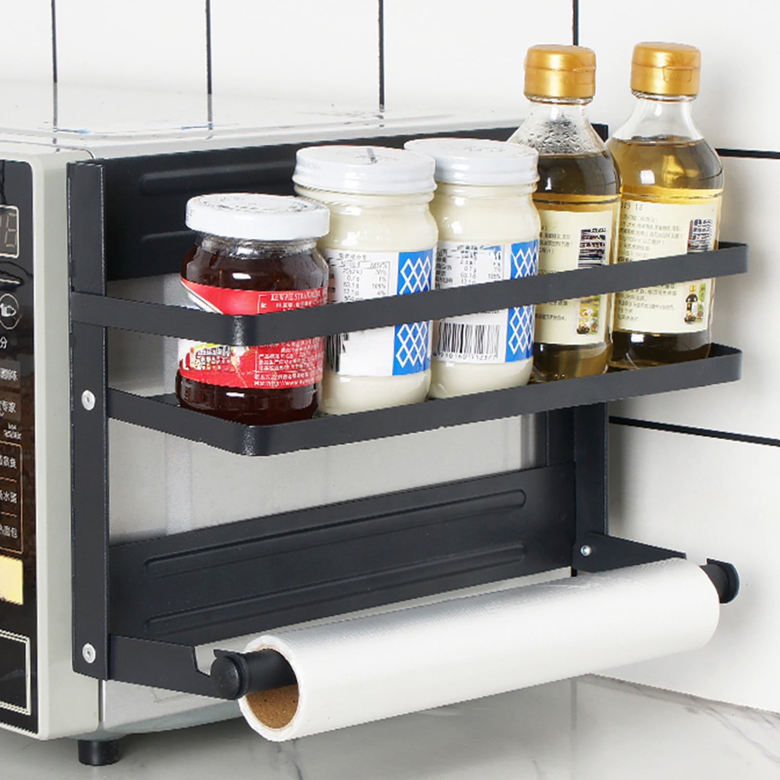 CasaChic Folding Magnetic Refrigerator Shelf, Iron Wall Mounted Organizer with Partitioned Storage, Raised Guardrail & Movable Hooks, Space Saving for Kitchen Clingfilm & Seasoning Bottles