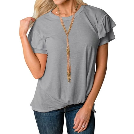 Ruffle Neck Wrap - Nlife Women Ruffle Sleeve Round Neck Pure Color T-shirt