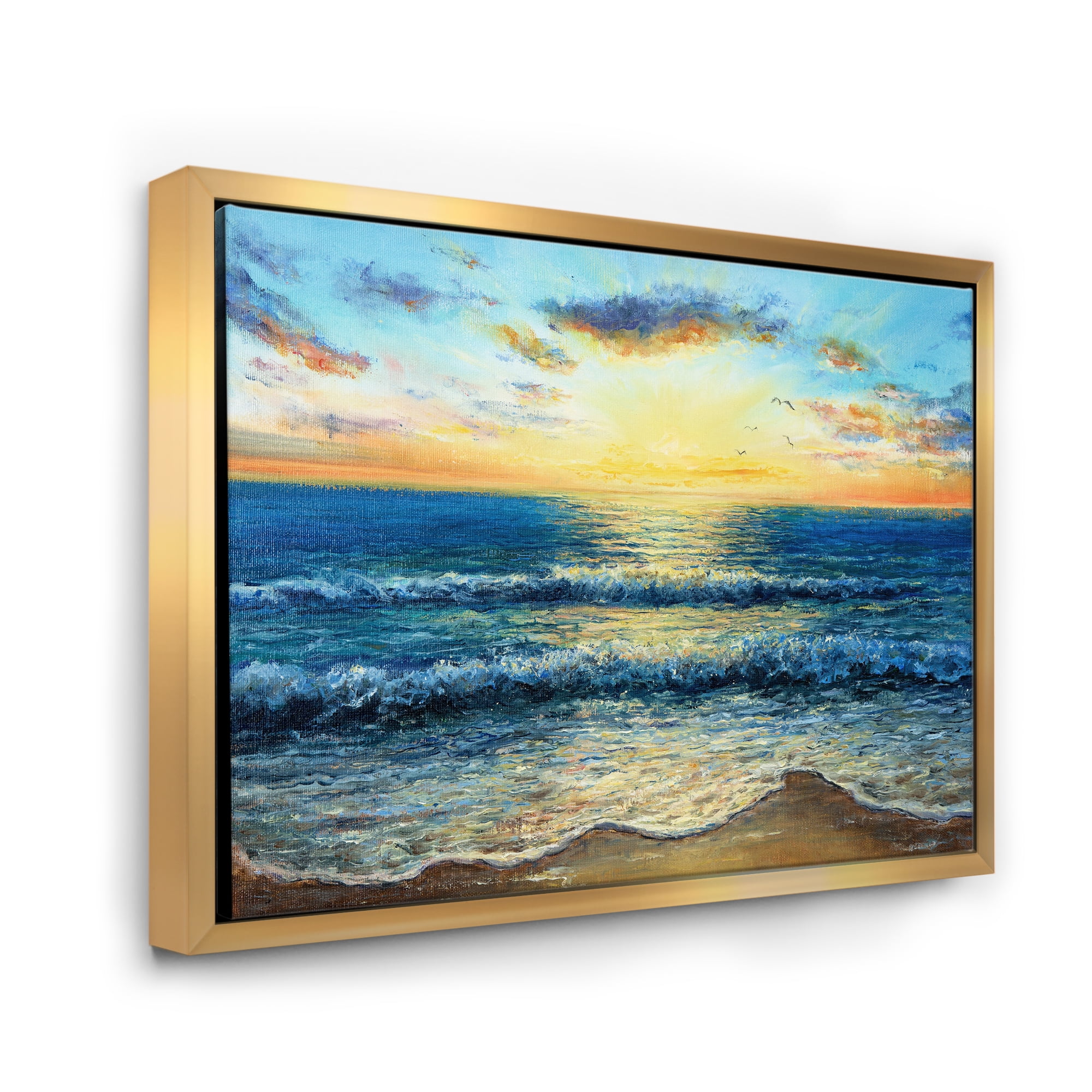 Sunrise Glow On The Ocean Waves I 40 in x 30 in Framed Painting Canvas Art Print, by Designart