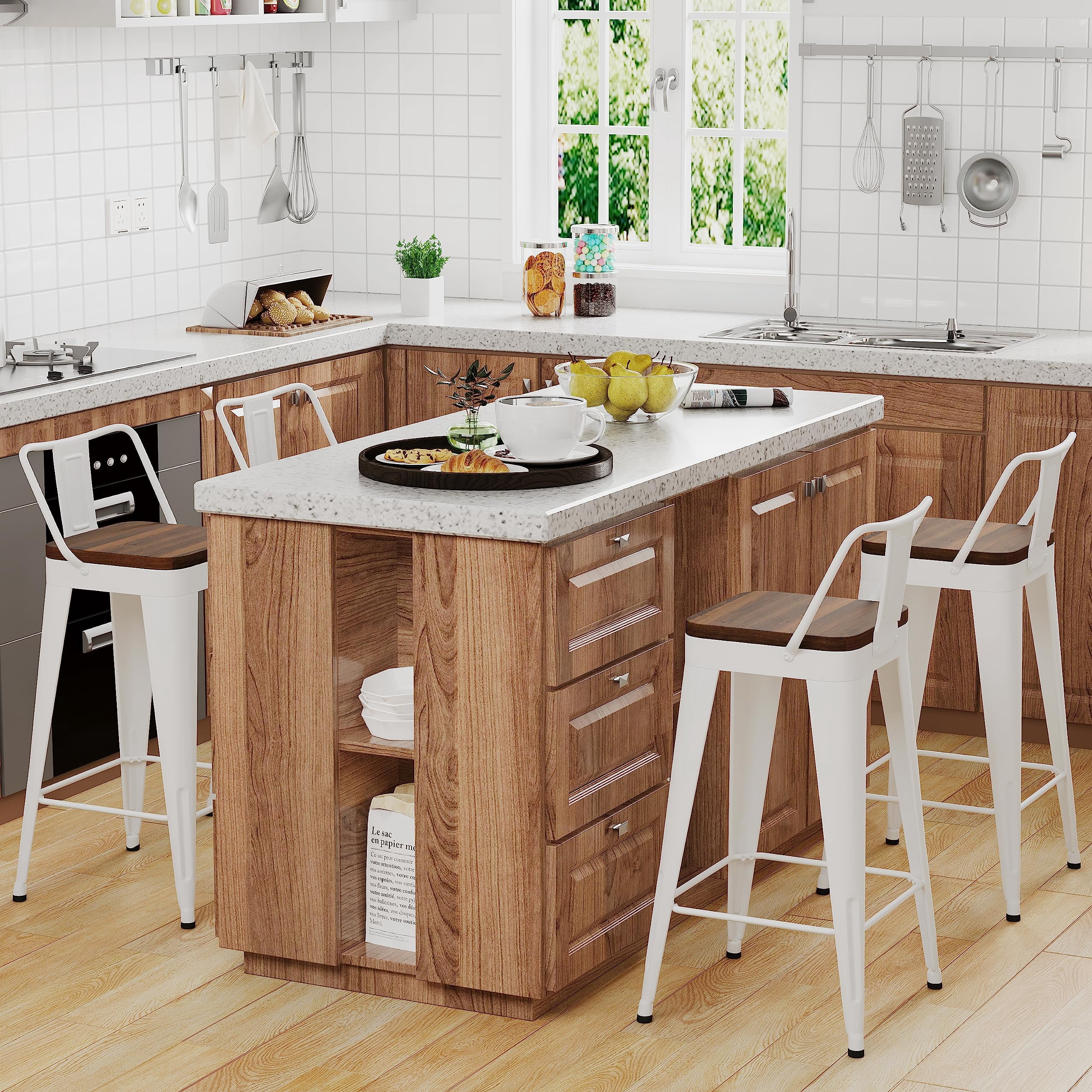 Apeaka 24 inch Bar Stools Set of 4 - Rustic Wood Seat & Metal Frame, Counter-Height Chairs for Kitchen Island, Pub Table (Easy Assembly)
