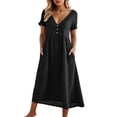 thumbnail image 3 of XUNKUSGA Womens Summer Dresses Casual Soild Color Cotton Linen Maxi Dress Loose V Neck Button Down Short Sleeve Sundresses for Women with Pockets,Black,L, 3 of 10