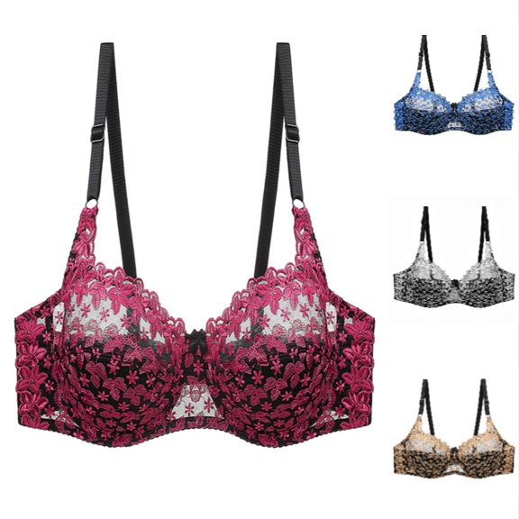 Xijirk Women Bra Underwire Floral Lace Sheer Mesh Bow Decoration Adjustable Shoulder Straps for Everyday Occasion Wear,Hot Pink,75