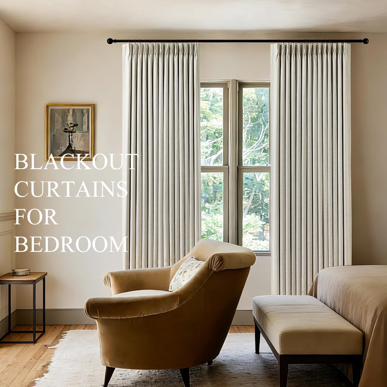 Galenzoov 40×95 inch Pinch Pleated Linen Curtains - 100% Black Out, Thermal Insulated Living Room Bedroom Curtain Double Layer Room Darkening Drapes with Hooks, 2 Panels, Beige