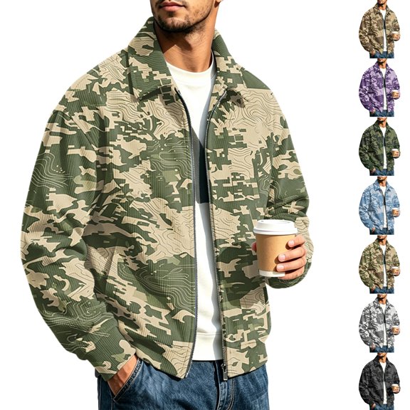 CCRFTGI Corduroy Jackets for Men Bomber Full Zip Casual Vintage Long Sleeve Lapel Collar Camo Work Fall Fashion Coats for Men Green L