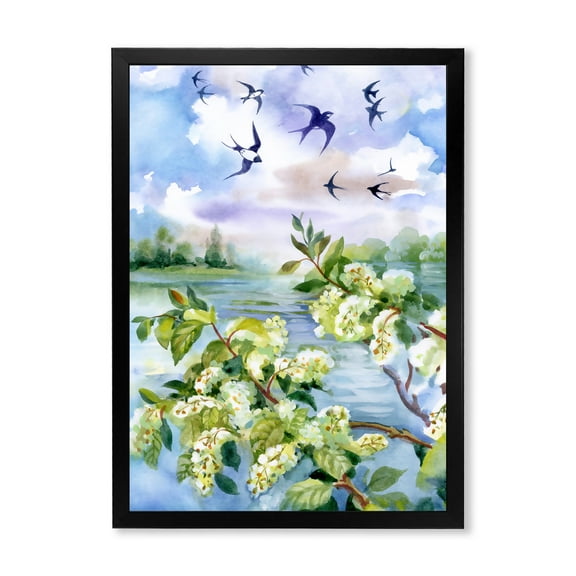 Flowers of The Cherry Blossoms On A Spring Day Landscape 30 in x 40 in Framed Painting Canvas Art Print, by Designart