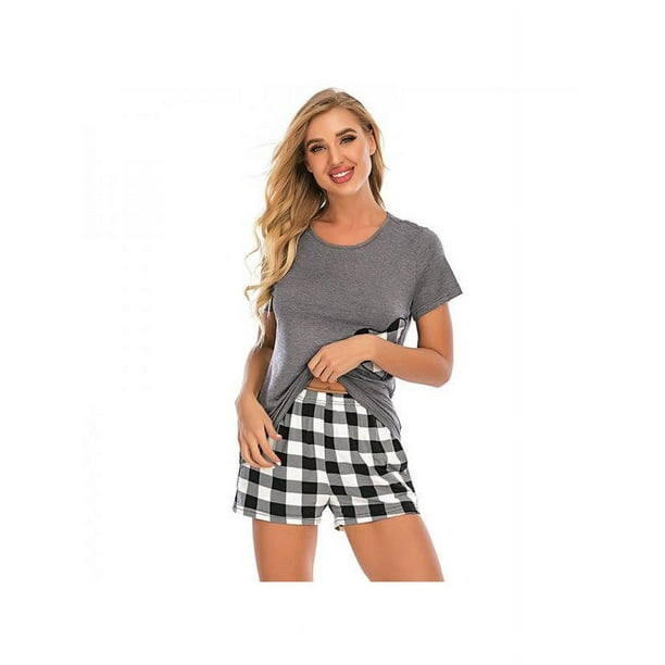 Women s Plaid Shorts Pajama Set Short Sleeve Sleepwear Nightwear Pjs S XXL