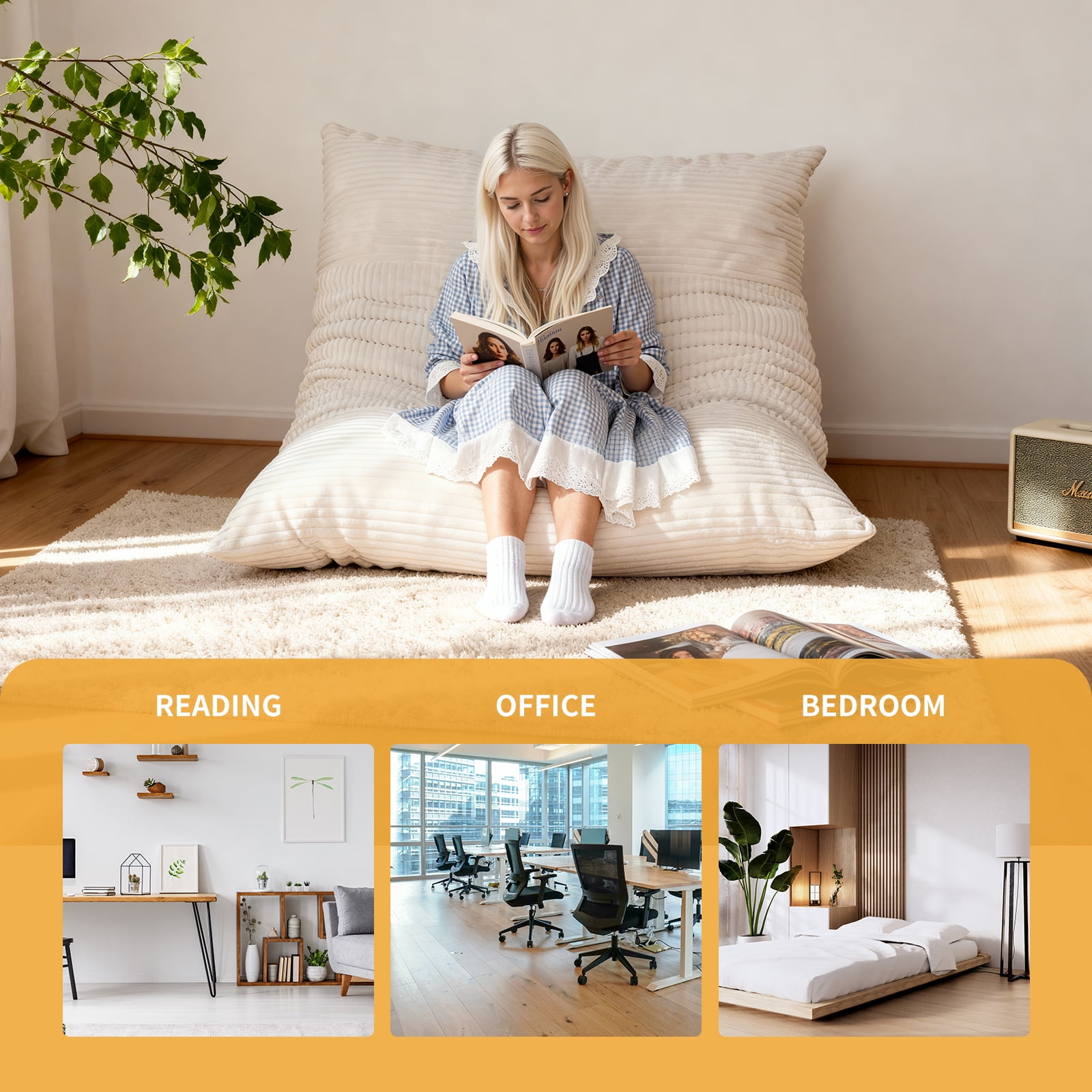 Nalone 4-in-1 Large Bean Bag Chair for Kids Adults - 6.4 FT Memory Foam Filled Convertible Lounger, Large Floor Sofa Bed with Removable Washable Cover for Bedroom, Living Room, Office (White)