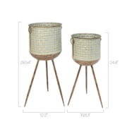 Set of 2 Round Galvanized Planters with Embossed Weave Pattern and Stand
