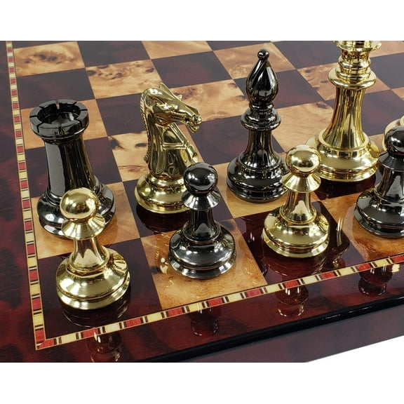 Real Brass Metal Black Gold Staunton Exclusive Chess Set 18" Cherry Color Board
