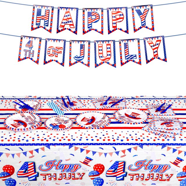 146 piezas de suministros para la fiesta del 4 de julio, juego de vajilla para el Día de la Independencia, incluye mantel, platos, servilletas, cuchillos, cucharas, pajitas, utensilios de fiesta patri