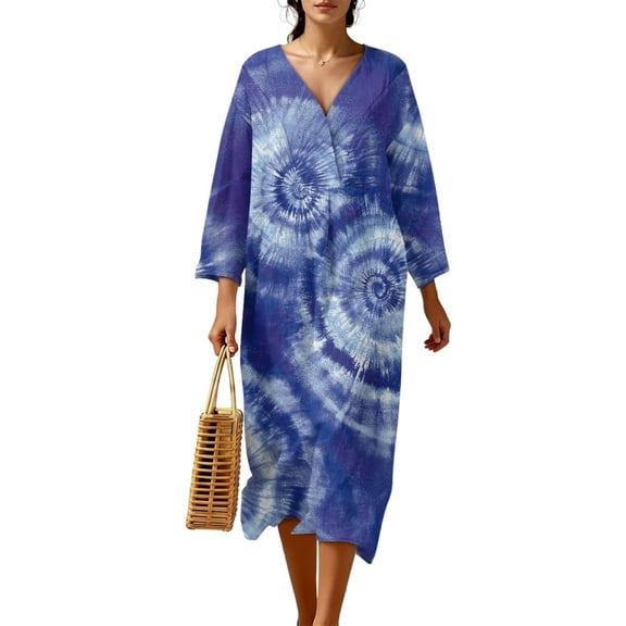 COEQINE Women's Midi Dress 3/4 Sleeve Wrap V-Neck Casual Sundress, Loose Fit Linen-Like Calf Length Tunic Dress for Women, Machine Washable, Size S, Blue Tie-dye