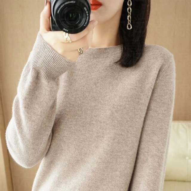 Suéter de cuello redondo de color sólido para mujer, jersey de moda de manga larga, camisa de punto con parte inferior, top para mujer