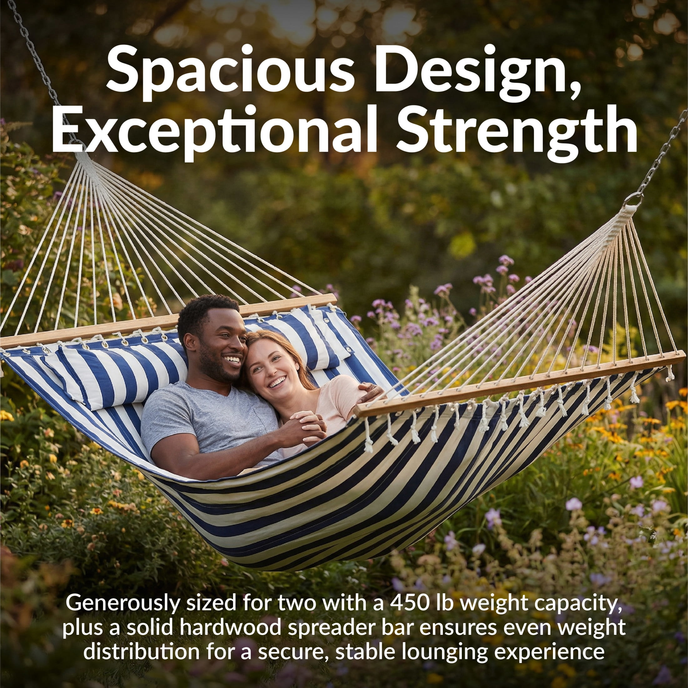 Sunnydaze 2-Person Quilted Polyester Spreader Bar Hammock, 450 lb - Blue/White Stripe