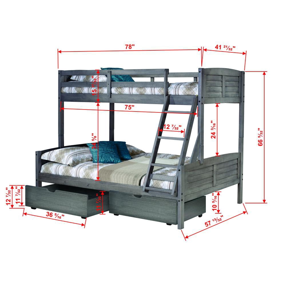 Donco Kids Louver Twin over Full Bunkbed with Dual Underbed Dreawers. Twin over Full, Antique Grey