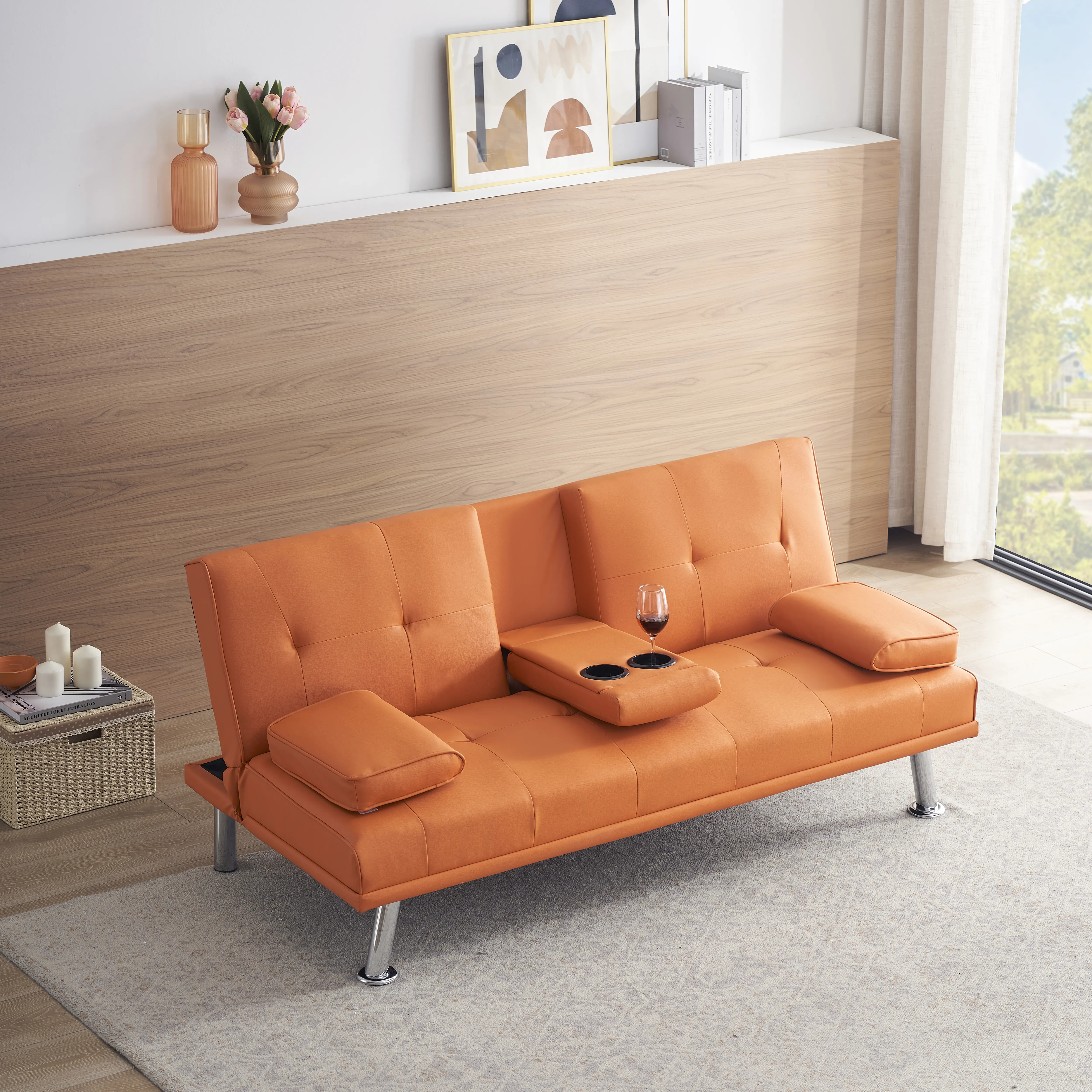 Yardi Yard Leather 67" Sofa Convertible Sofa Bed, Living Room Orange Futon Couch Yardi Yard Leather 67" Sofa Convertible Sofa Bed, Living Room Orange Futon Couch