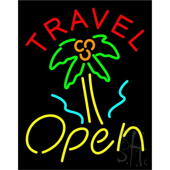 Travel Open LED Neon Sign 24 x 31 - inches, Black Square Cut Acrylic Backing, with Dimmer - Bright and Premium built indoor LED Neon Sign for Décor, Travel agency, Storefront.
