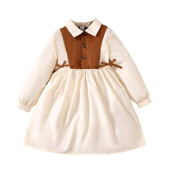 Kucnuzki Kids Girl Clothes 5T Fall Winter Dress Long Sleeve Color-Blocked Fake-Two-Pieces Design Lapel Dress Beige