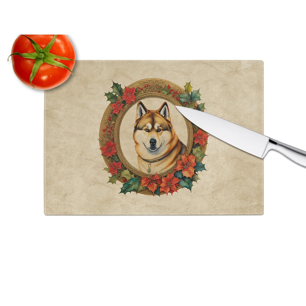 Akita Christmas Flowers Glass Cutting Board 12 in x 15 in