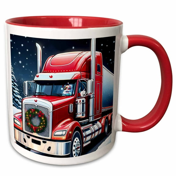 3drose, Santa Driving a Big Rigg Giving Christmas Thumbs Up to Truckers, 15oz Two-tone Red Mug