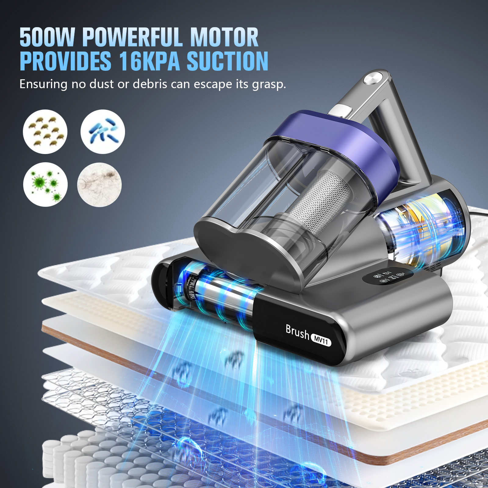 ONSON 16Kpa Handheld Mattress Vacuum Cleaner, UV Light for Deep Cleaning Beds & Sofas
