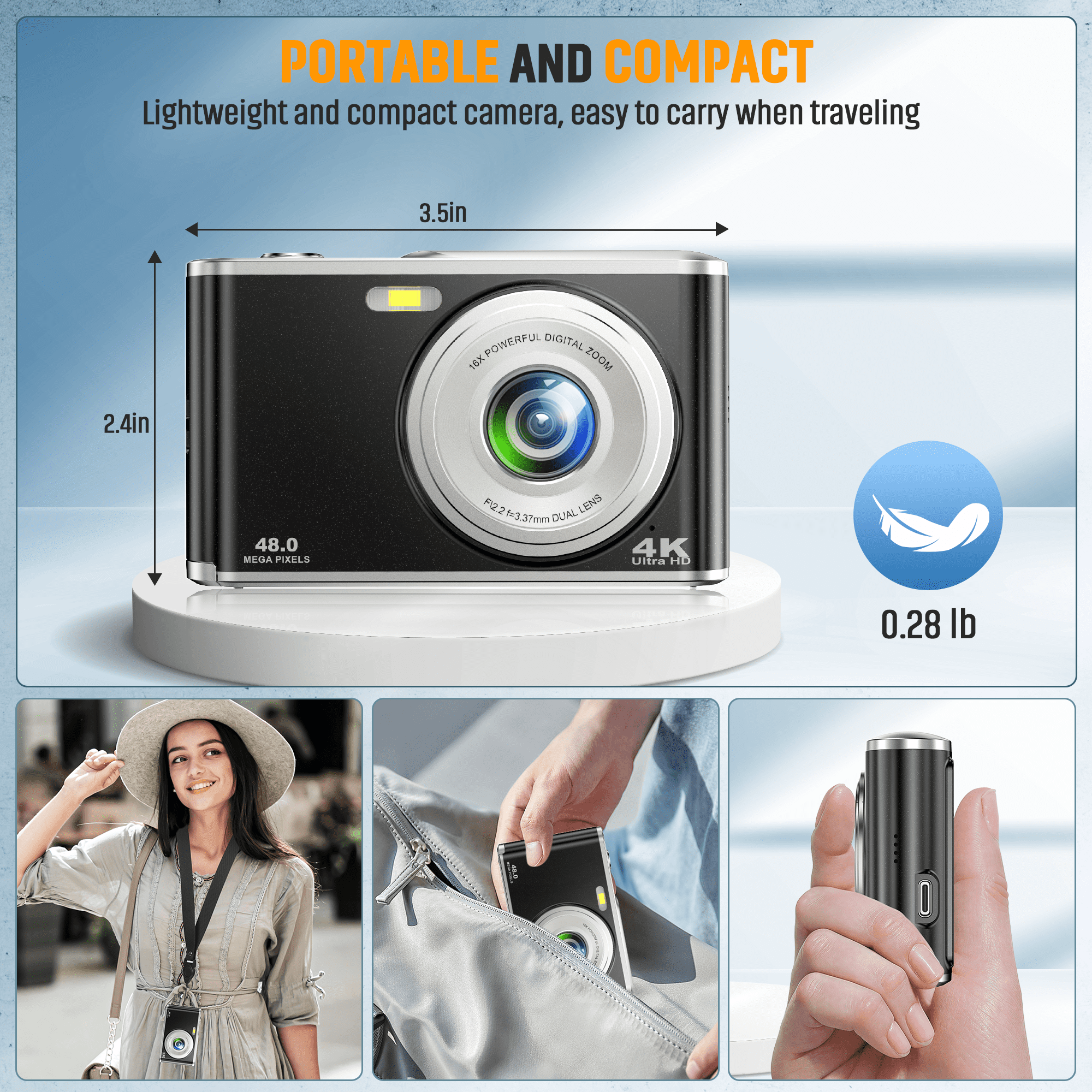 Retro Digital Camera 4K, with Dual Camera Date Stamp Autofocus 32GB TF Card 48MP Filter Effects, Portable Travel Vlogging Camera, Black