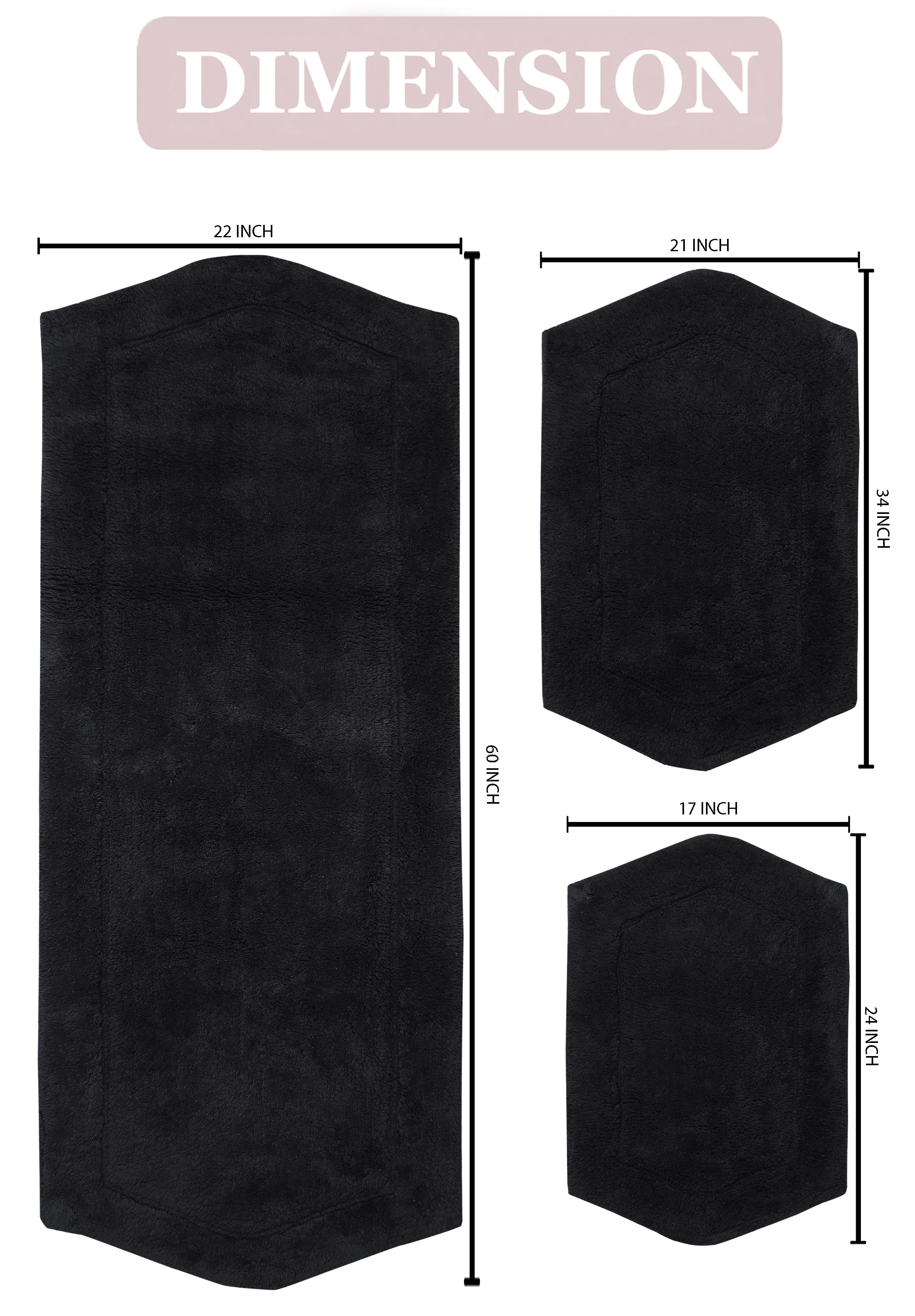 Home Weavers Waterford Collection 100% Cotton Non-Slip Bathroom Rug Set Machine Washable Bathroom Rug-17"x24", Bath Rug- 21"x34", Runner- 22"x60", Black Color 3 Piece Bath Rug set