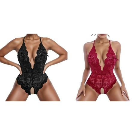 2-Pack Women V Neck Underwear Lingerie Lace Backless Lanyard Underwear Conjoined Tight Suit Lingerie for Women Lace Women Nightgowns plus Size Women s Lingerie Lingerie Stockings for