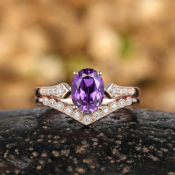 Oval Shape Purple Amethyst Wedding Ring Set- Minimalist Violet Sapphrie Engagement Ring in 14K Rose Gold Vermeil- Custom Diamond Wedding Bands For Her