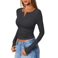 thumbnail image 3 of Camisetas de Larga para Mujer, Estilo Henley, Informales, para Otoño Tops Ajustados, Camisetas Básicas de Canalé Gris Oscuro M, 3 of 8