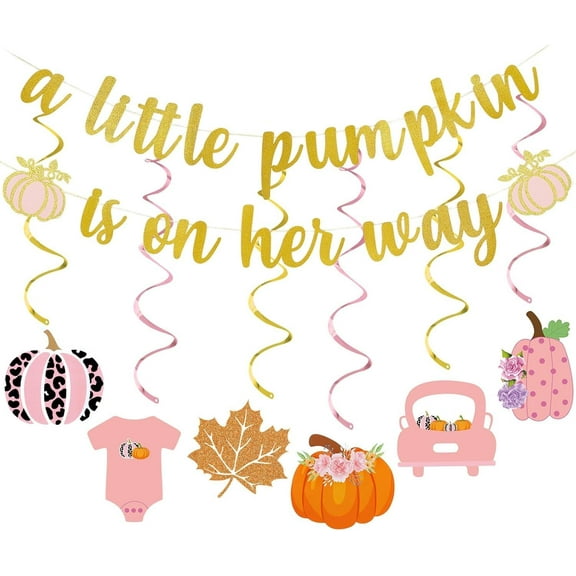 Gold and Pink A Little Pumpkin is On Her Way Banner and Little Pumpkin Hanging Swirls, Little Pumpkin Baby Shower Banner for Fall Little Pumpkin is On Her Way Baby Shower Party Decorations