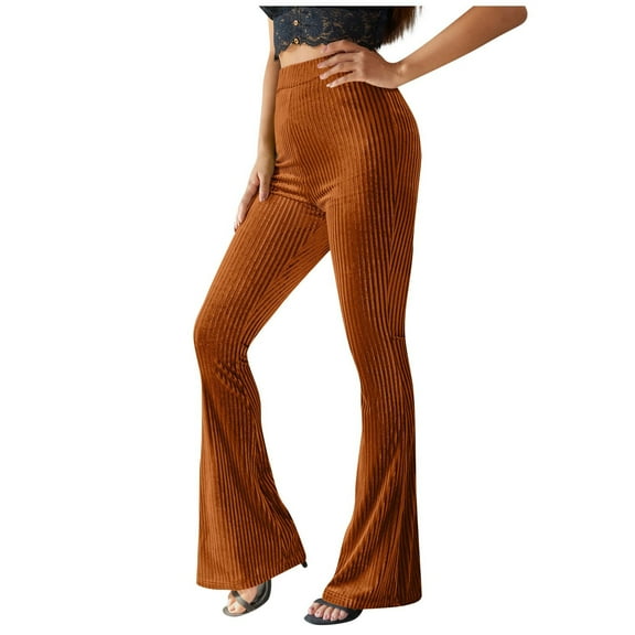 Owordtank Womens Ribbed Flared Pants Solid Color Casual Long Bell Bottom Pants Coffee L
