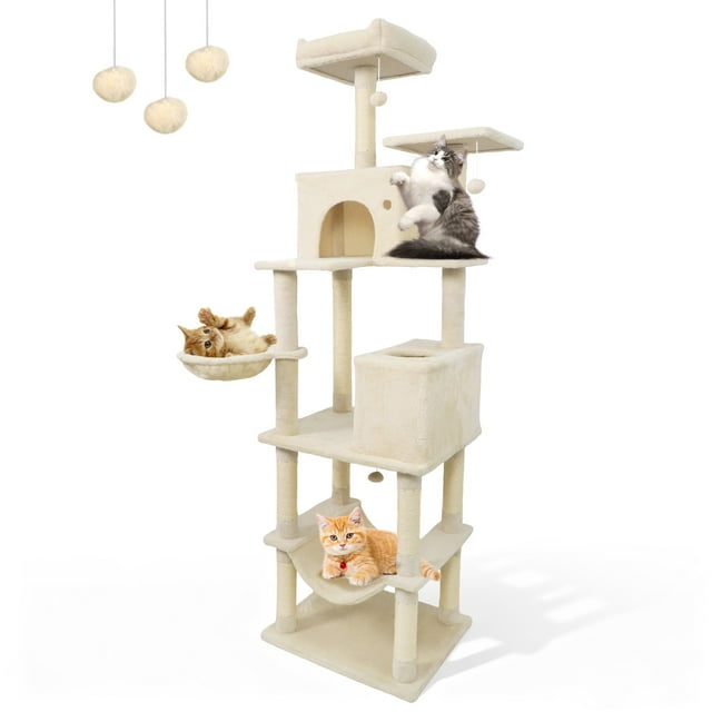 Gymax 80'' Tall Cat Tree w/2 Condos Sisal Scratching Posts Plush Perch Hammock Basket Beige