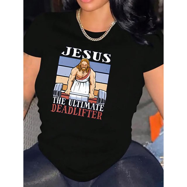 Women's Casual Round Neck Short Sleeve T-Shirt, "Jesus the Ultimate Deadlifter" Graphic Print, Comfortable Summer Top, Fashionable Knit Fabric, Polyester, All-Season, Ladies Leisure Sportswear
