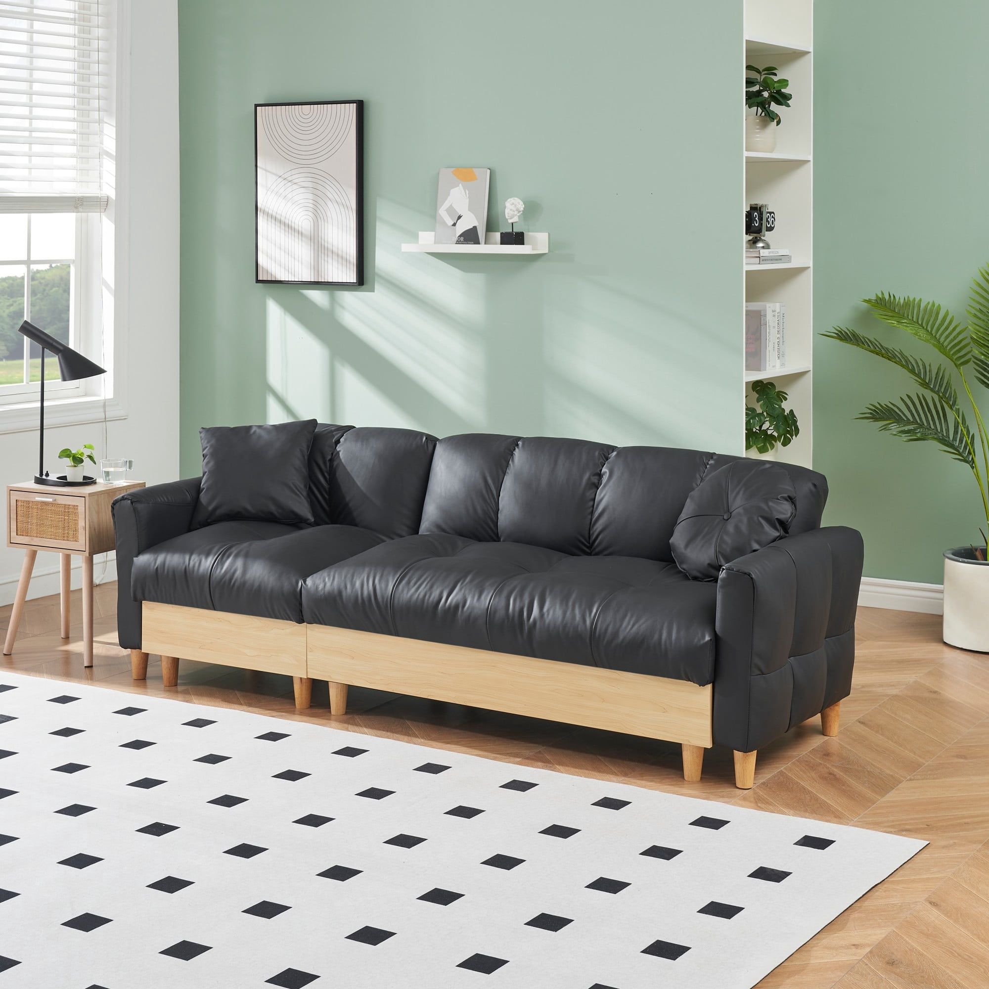 Overstuffed Sofa Couch,3 Seater Tech Cloth Upholstered Convertible Sofa Couches with Drawer and Storage Seatbase,Adjustable Backrests and Pillows, Comfy Couch for Living Room,Black
