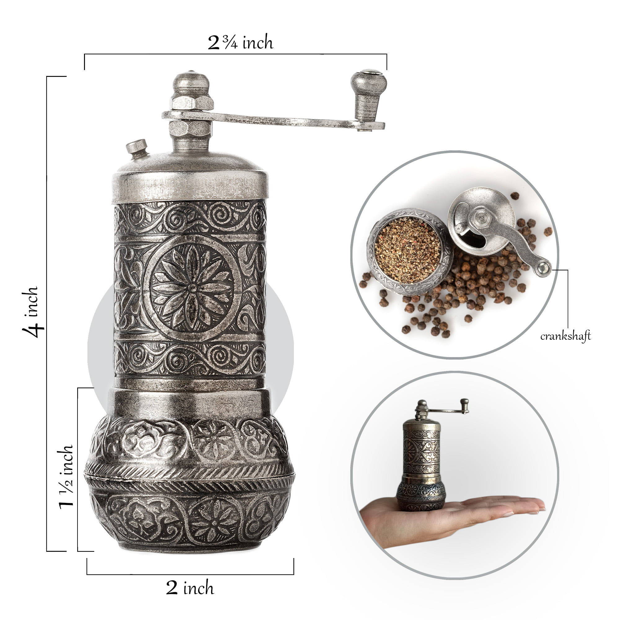 Decorative Black Pepper Grinder, Refillable Turkish Spice Mill with  Adjustable Coarseness, Manual Pepper Mill with Handle, Spice Grinder Metal  with