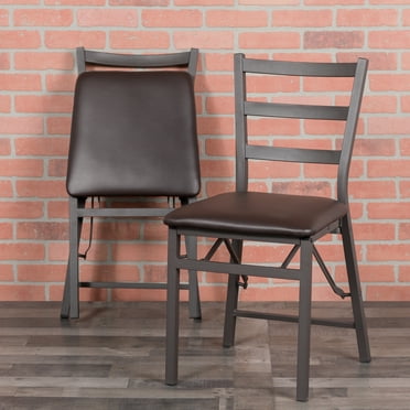 Emma   Oliver 2 Pack Ladder Back Metal Folding Chair with Brown Vinyl Seat
