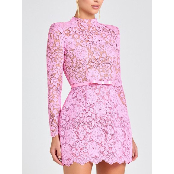 2026 New European and American Style Women's Black Floral Lace High Neck Long Sleeve Mini Skater Dress With Waist Belt