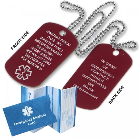 Red Medical Alert ID Dog Tag Anodized Aluminum w. 27 Chain. Incl. 18 Lines of Engraving and Emergency Medical ID Card. Complimentary Access PHR (Personal Health Record)