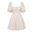 thumbnail image 4 of Gibobby Vestido de gasa de verano para mujer Vestido de cuello cuadrado de manga de verano para mujer Vestido de moda casual de sentido francés(Beige,XL), 4 of 5