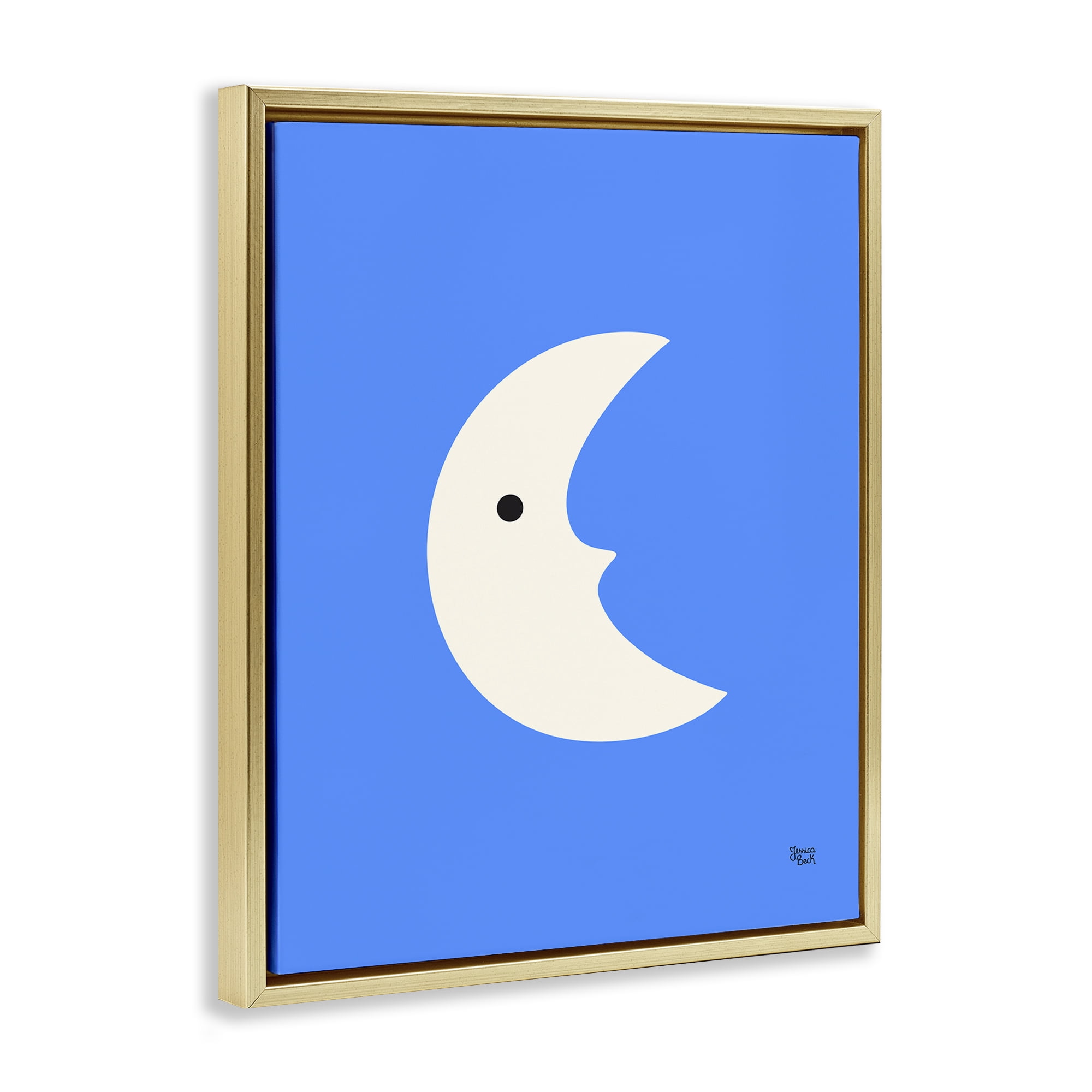 Stupell Industries Blue Crescent Moon Face Landscape & Nature Painting Gold Floater Framed Canvas Art Print Wall Art, 17 x 21