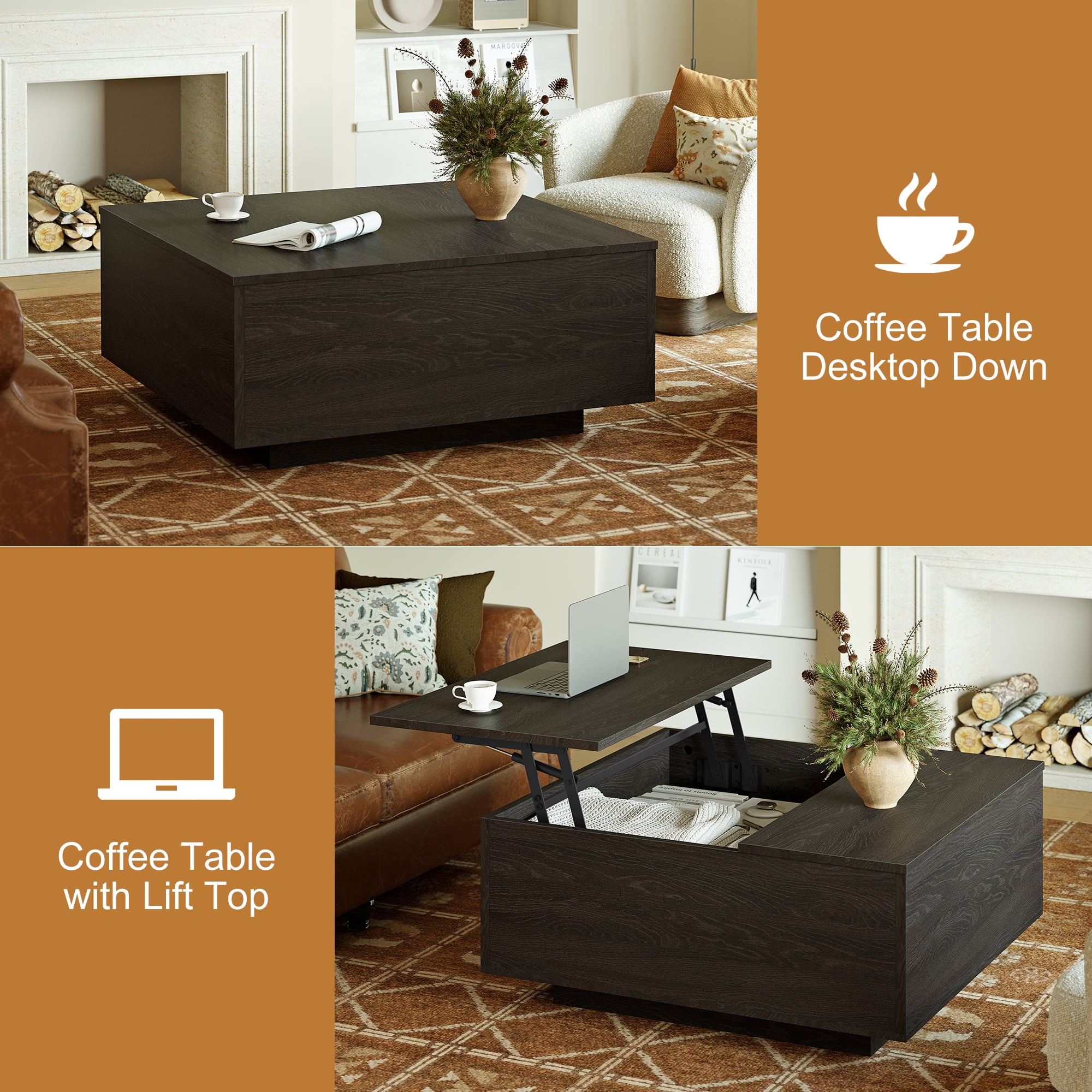 GUNAITO Lift Top Coffee Table with Storage, Square coffee table and modern Farmhouse Center Table for Living Room, Espresso Black